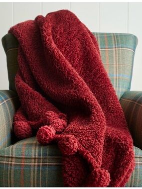Discontinued NWT Pottery Barn Plush Pom-Pom Throw Blanket in Cardinal Red